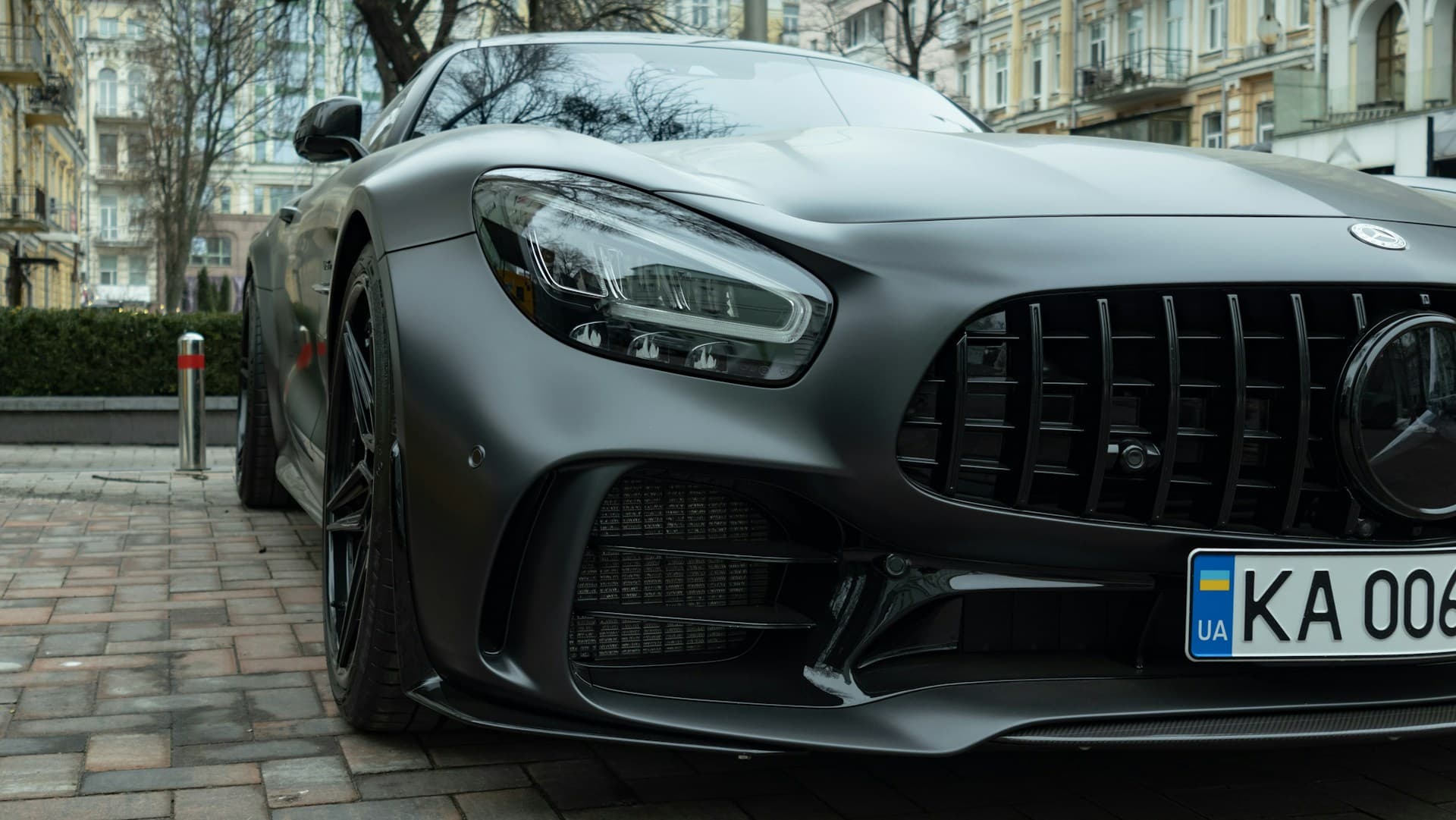 Black Mercedes-AMG GT R front end with an aggressive grille